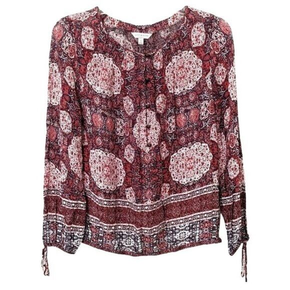 Lucky Brand Peasant Blouse Red Geometric Boho 70s Influenced Retro Button XS - Picture 1 of 8